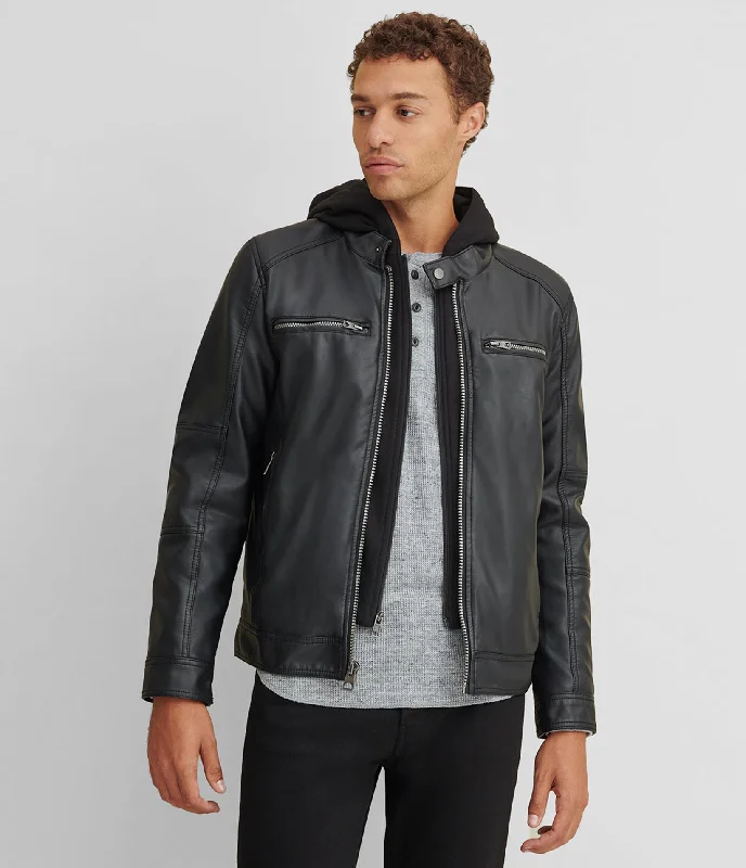 Faux Leather Jacket With Removable Hood