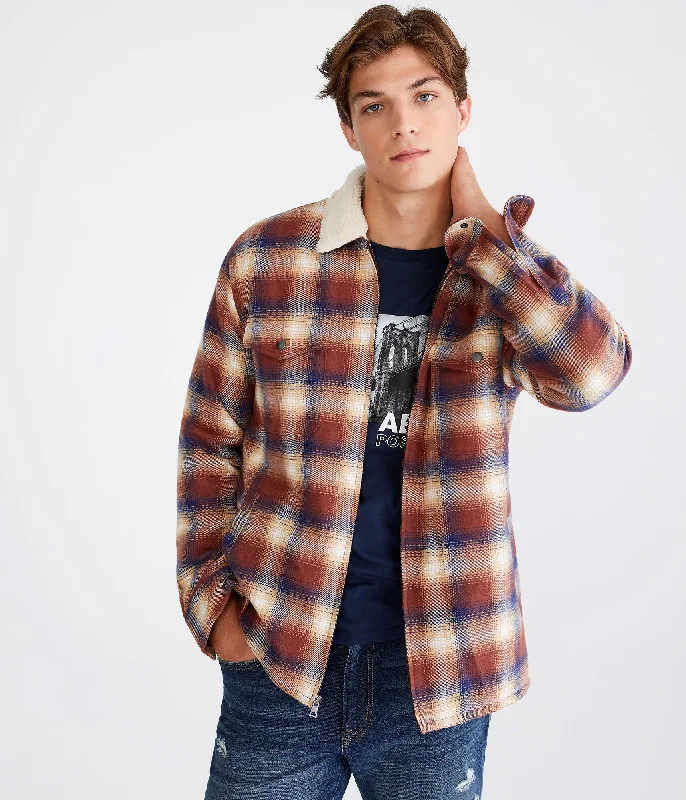 Aeropostale Plaid Sherpa-Lined Full-Zip Flannel Shacket