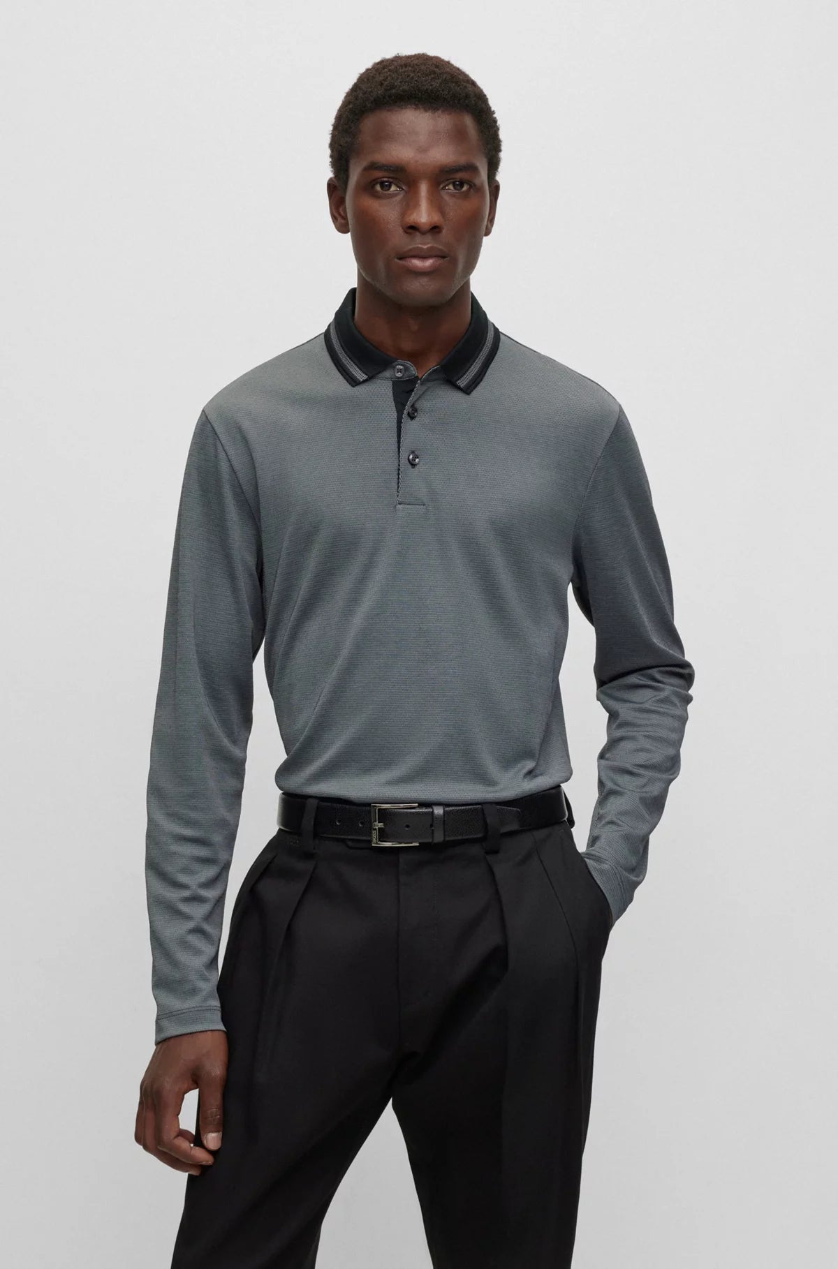 Pleins Slim-Fit Long Sleeved Polo Shirt with Woven Pattern 50500463