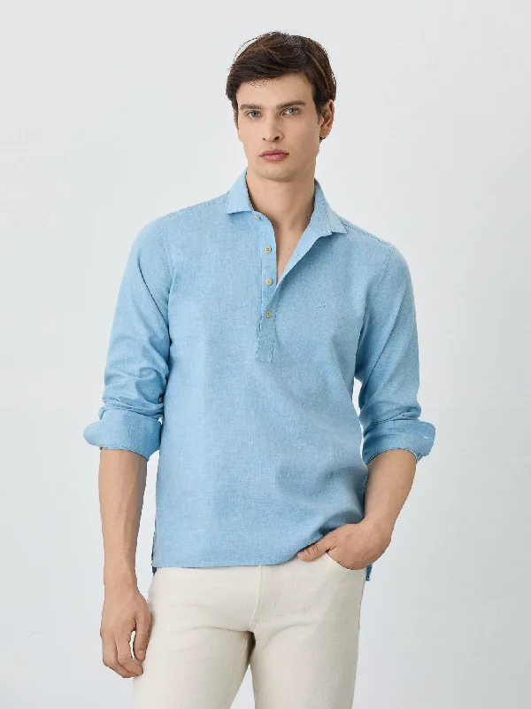 Regular Fit Shirt With Polo Shirt Collar In Cotton-linen Blend