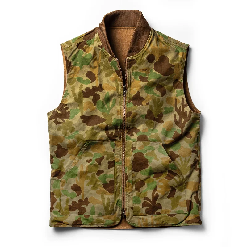 The Taylor Stitch x Gear Patrol Reversible Able Vest in Arid Camo