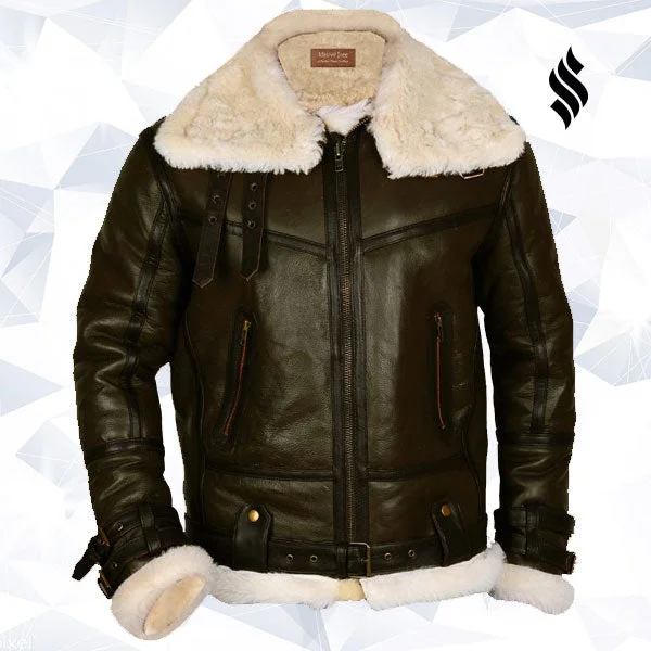 Army Green Men B3 Bomber Shearling Leather Jacket