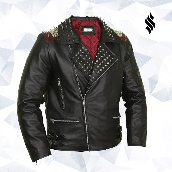 Edgy Black Leather Biker Jacket with Red Quilted Lining