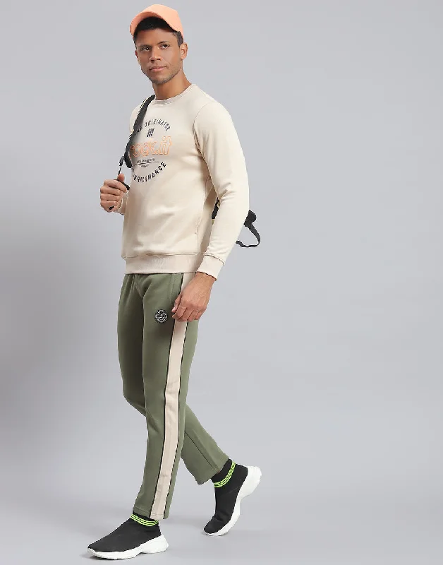 Men Beige Solid Round Neck Full Sleeve Sweatshirt