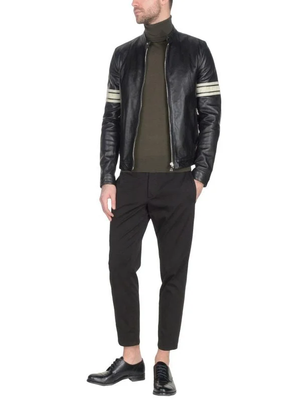 Men Black Leather Jacket With White Strips