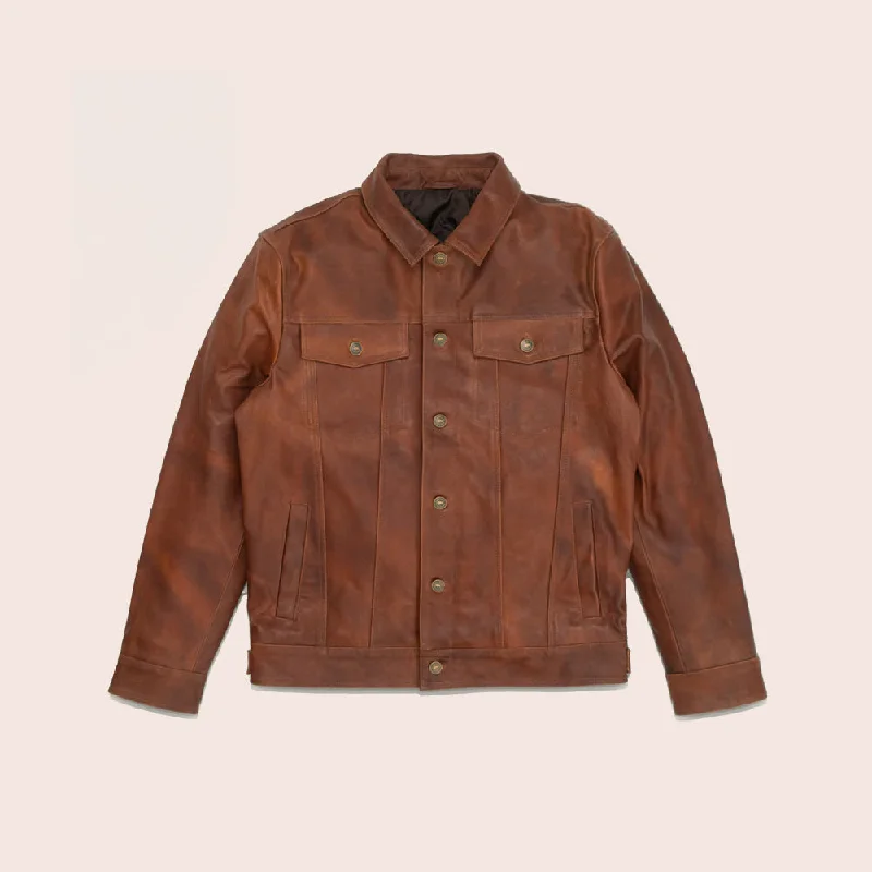 Men Goatskin Plain Brown Trucker Leather Jacket