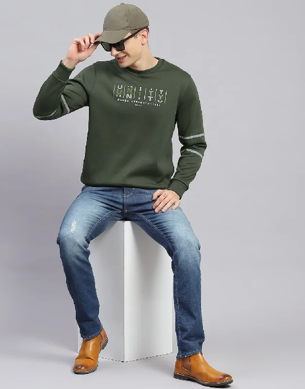 Men Olive Printed Round Neck Full Sleeve Sweatshirt