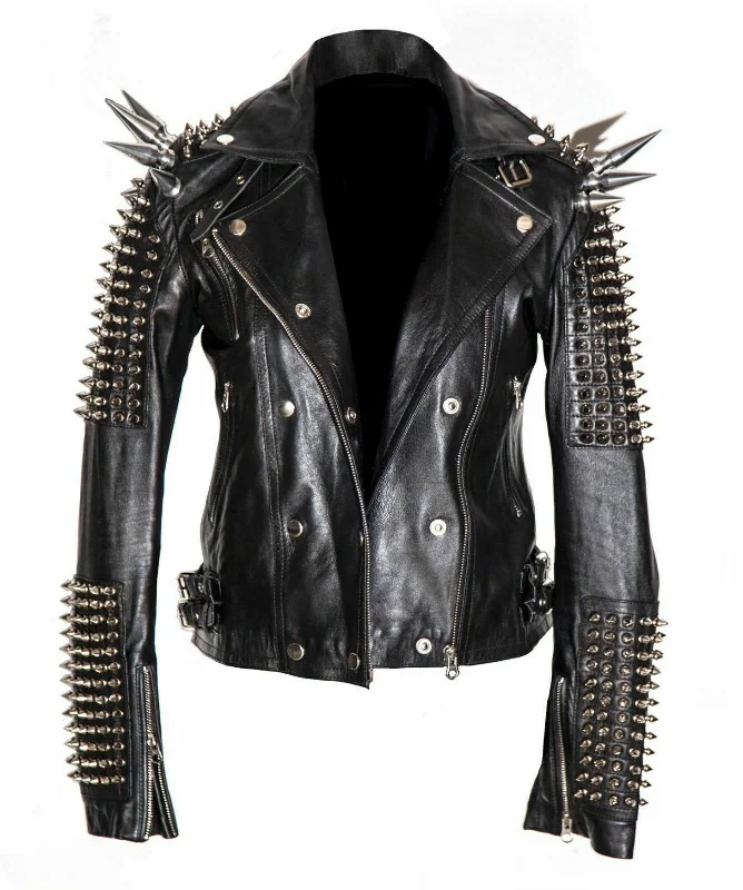 Men Silver Studded Long Spiked Jacket Leather Black Rock Punk Style Jacket