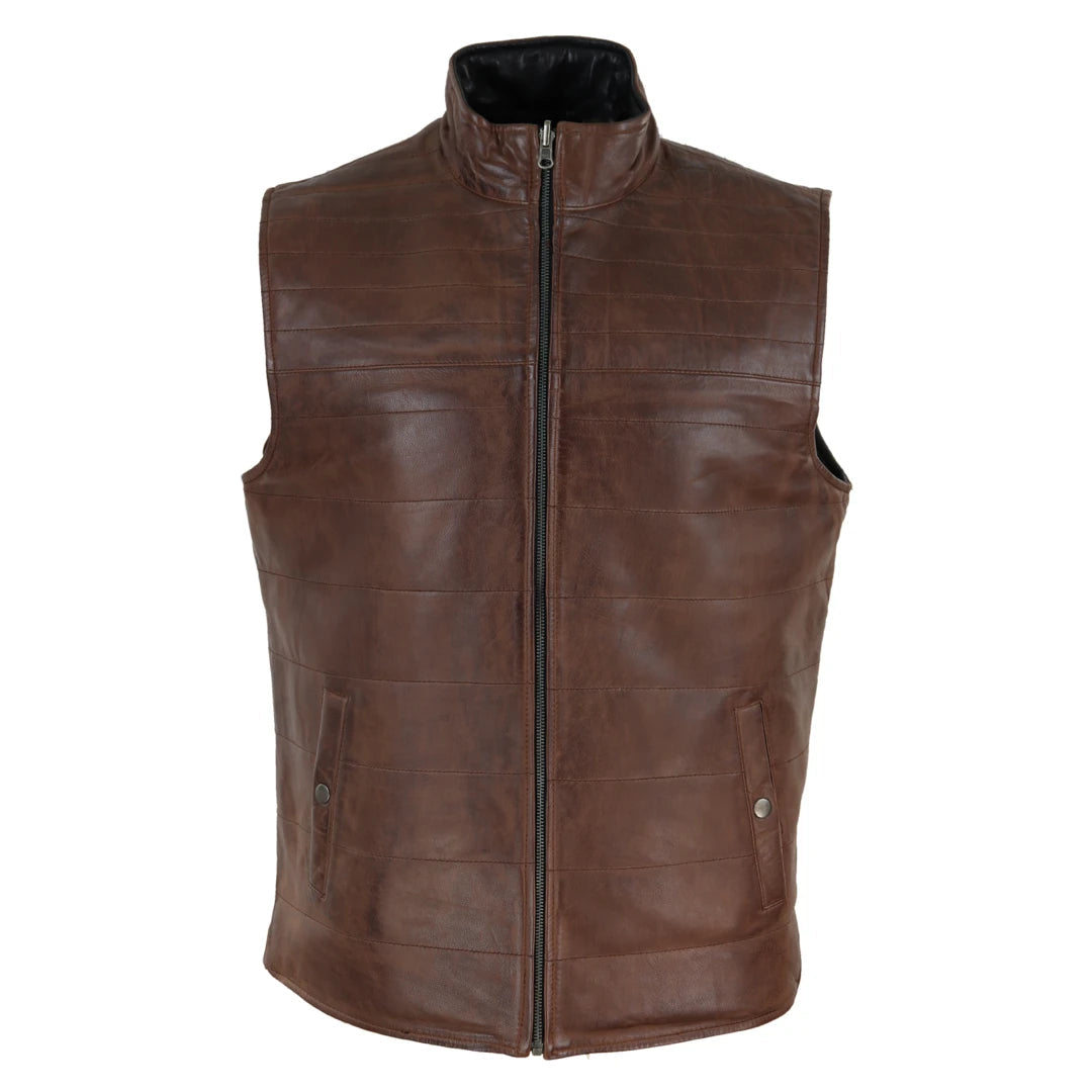 Men's Leather Black Brown Waistcoat Gilet Reversible Vest