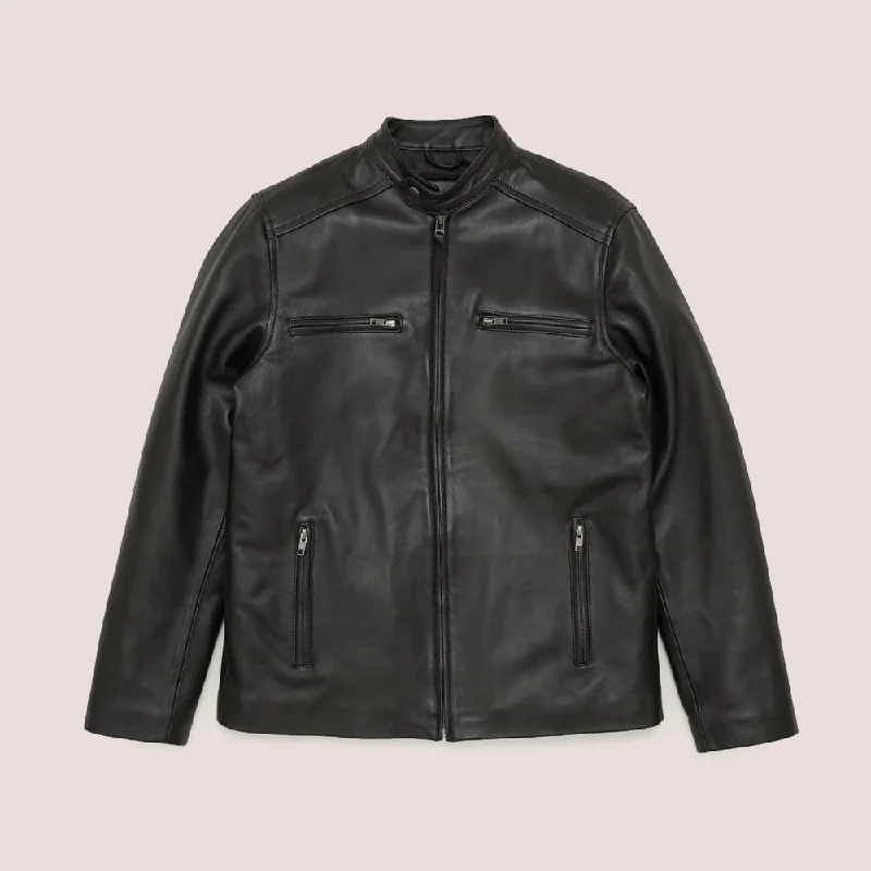 Mens Black Lambskin Leather Moto Riding Jacket