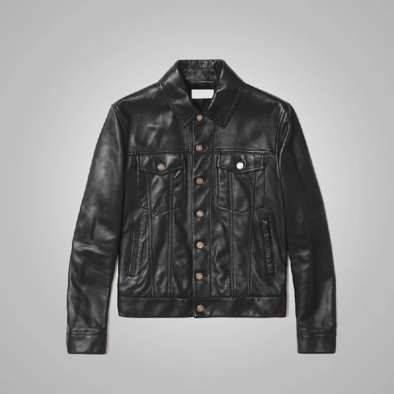 Mens Black Sheepskin Leather Trucker Jacket