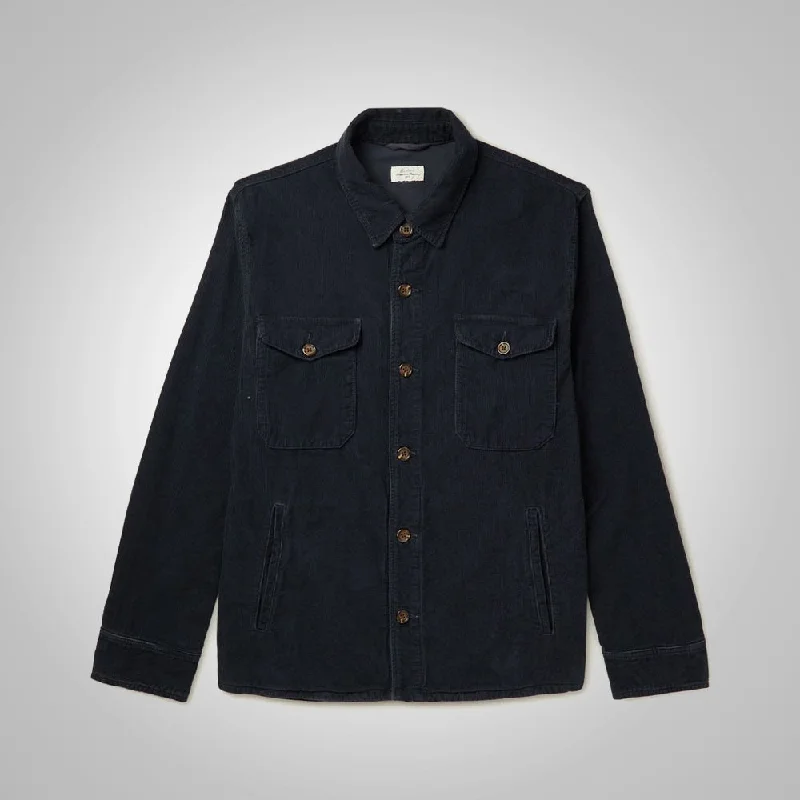 Mens Blue Cotton Blend Corduroy Jacket