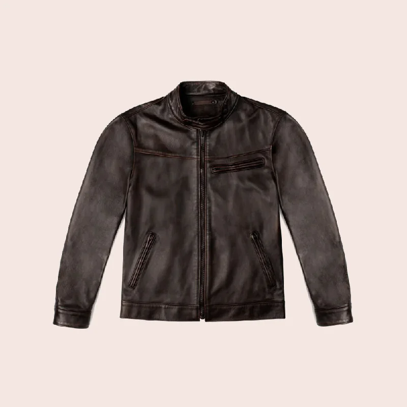 Mens Brown Cafe Racer Goatskin Leather Motorbike Jacket