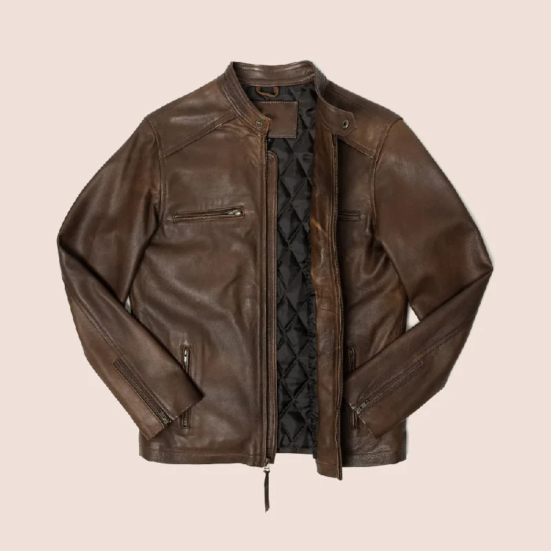 Mens Brown Cafe Racer Lambskin Leather Motorcycle Jacket