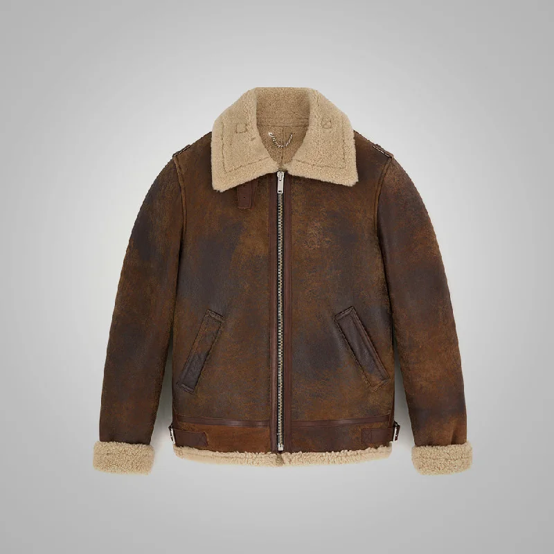 Mens Brown Distressed Leather Shearling Jacket