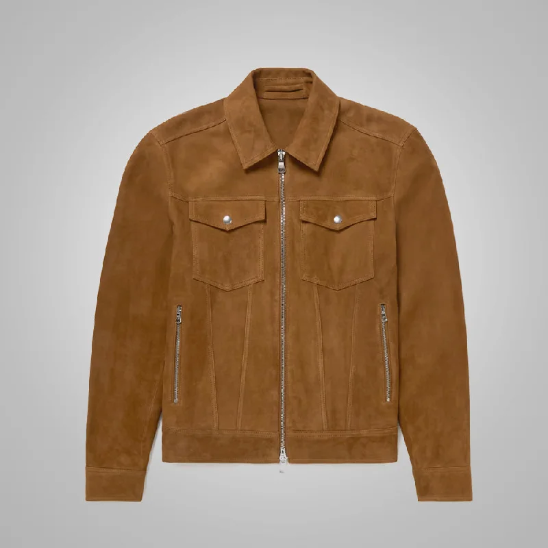 Mens Brown Suede Leather Trucker Jacket