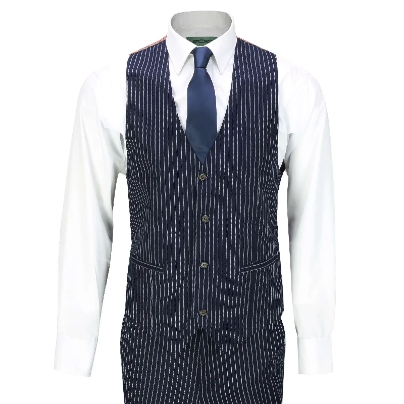 MENS CLASSIC WHITE PIN STRIPE NAVY PEAKY BLINDERS TAILORED FIT WAISTCOAT