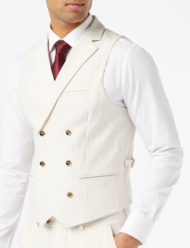 MENS CREAM GOLD PINSTRIPE SMART FORMAL TAILORED FIT WEDDING PARTY WAISTCOAT