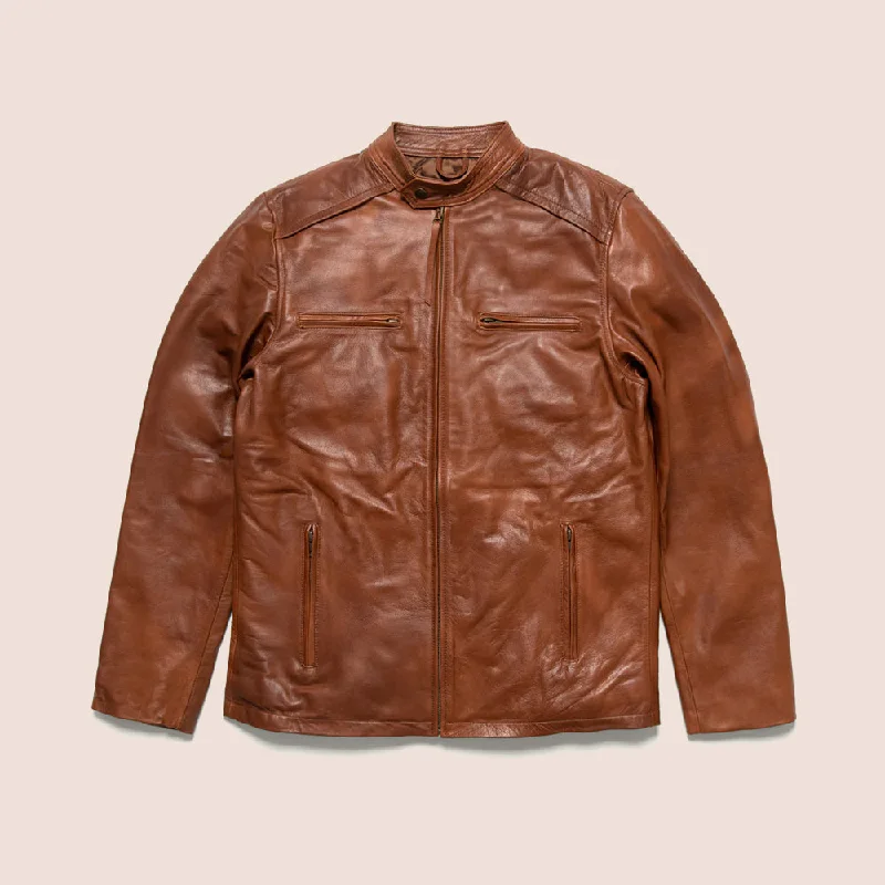 Mens Light Brown Cafe Racer Leather Motorbike Jacket