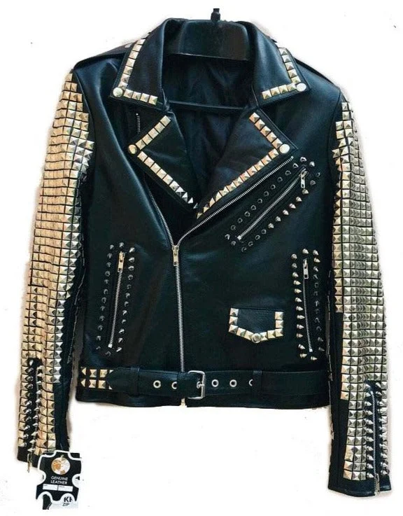 Men's Punk Style Golden Studded Black Zipper Leather Jacket