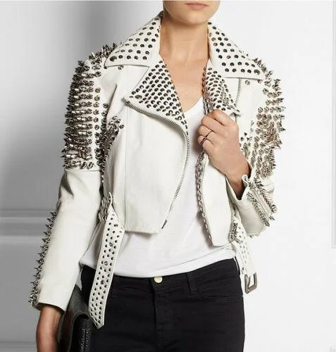 New Woman Full White Punk Brando Spiked Studded Leather Jacket