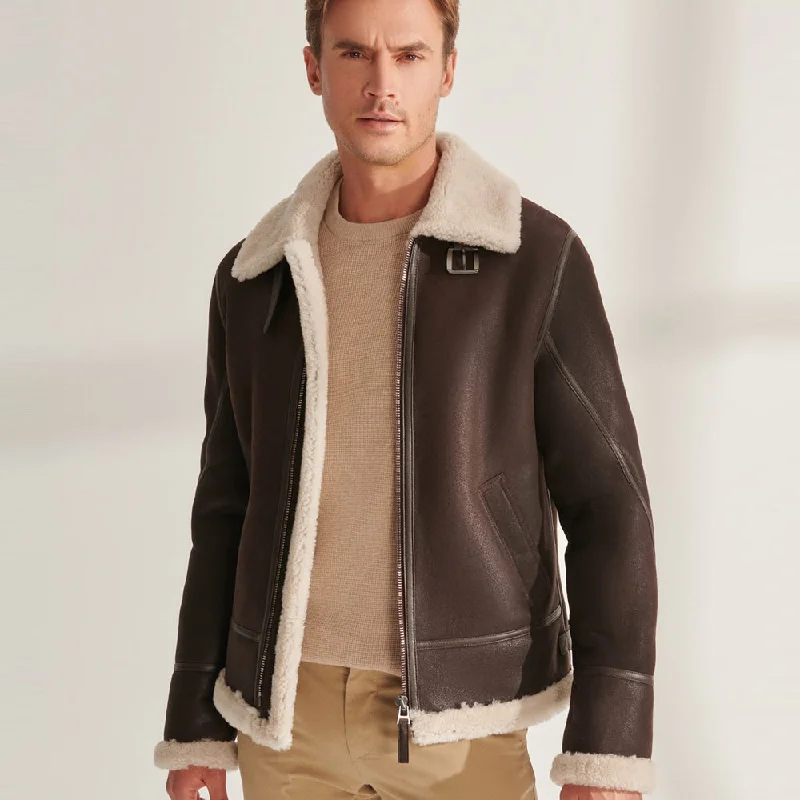 Real Men Brown Pilot Shearling Leather Aviator Jacket