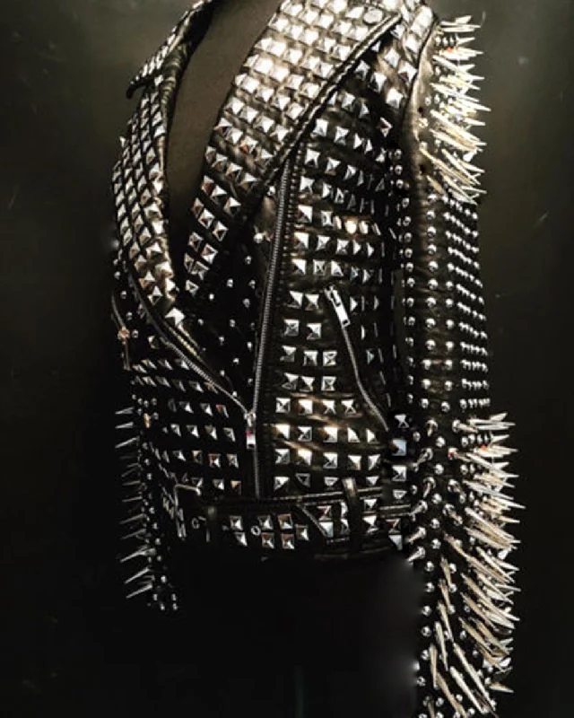 Woman Full Black Rock Punk Silver Long Spiked Studded Leather Brando Jacket