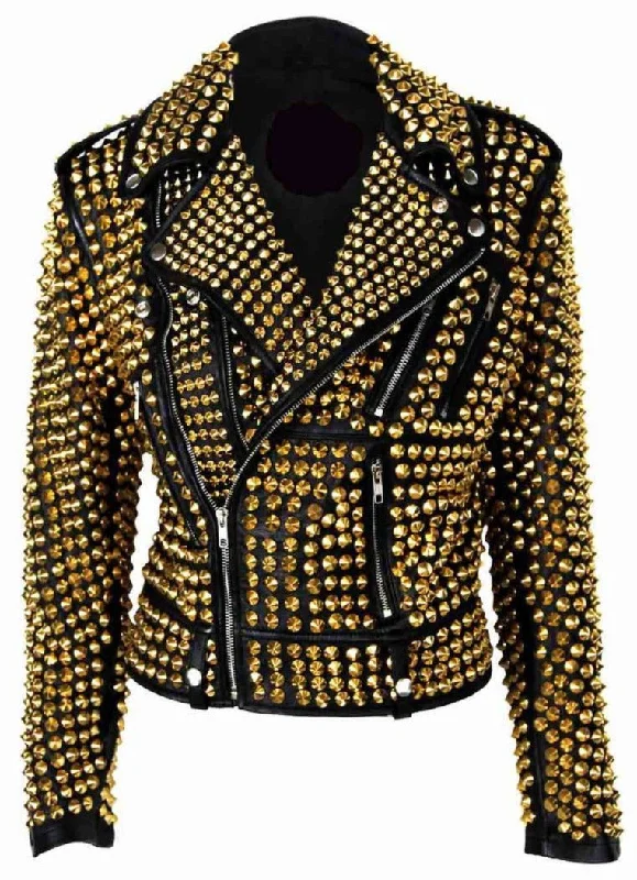 Woman Luxury Black Punk Golden Studded Cowhide Brando Leather Jacket