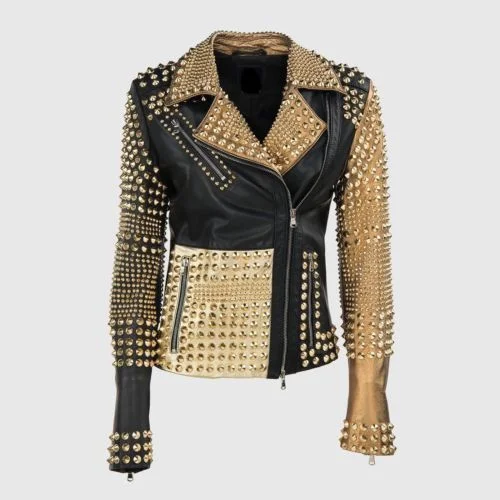 Woman Punk Brando Full Golden Studded Black Biker Leather Jacket