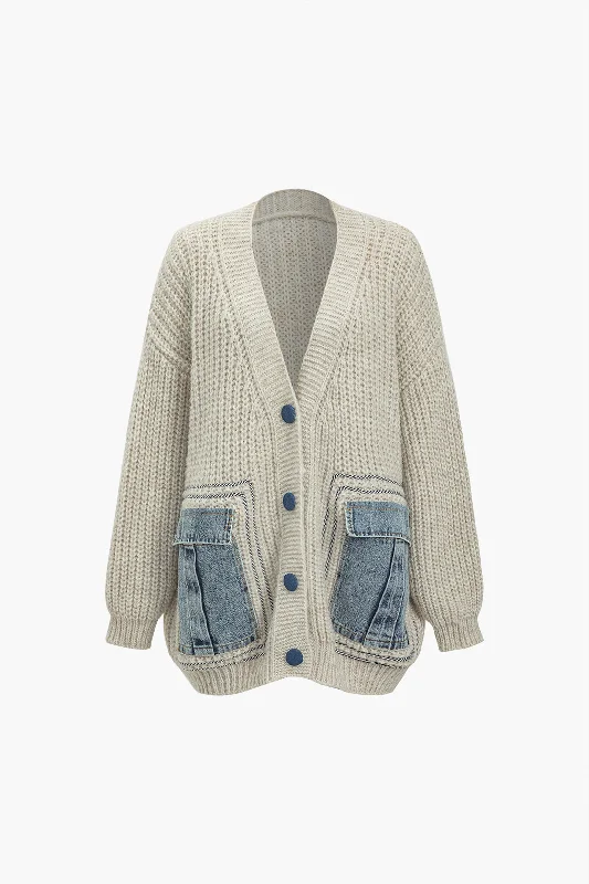 Denim Patchwork Button Pocket Sweater Cardigan