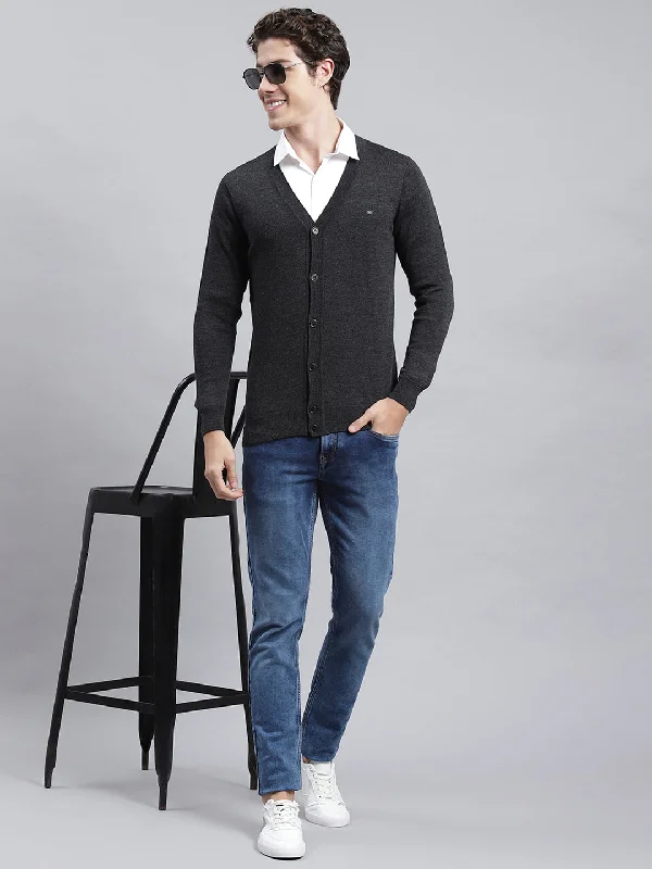 Men Grey Solid Cardigan