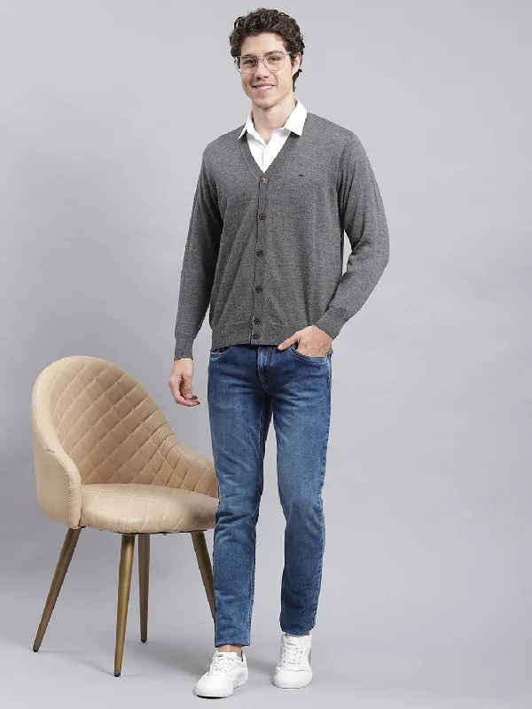 Men Grey Solid Cardigan