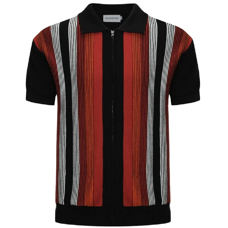 Men's Dark Red Zip Knit Polo With Stripe Jacquard Panel