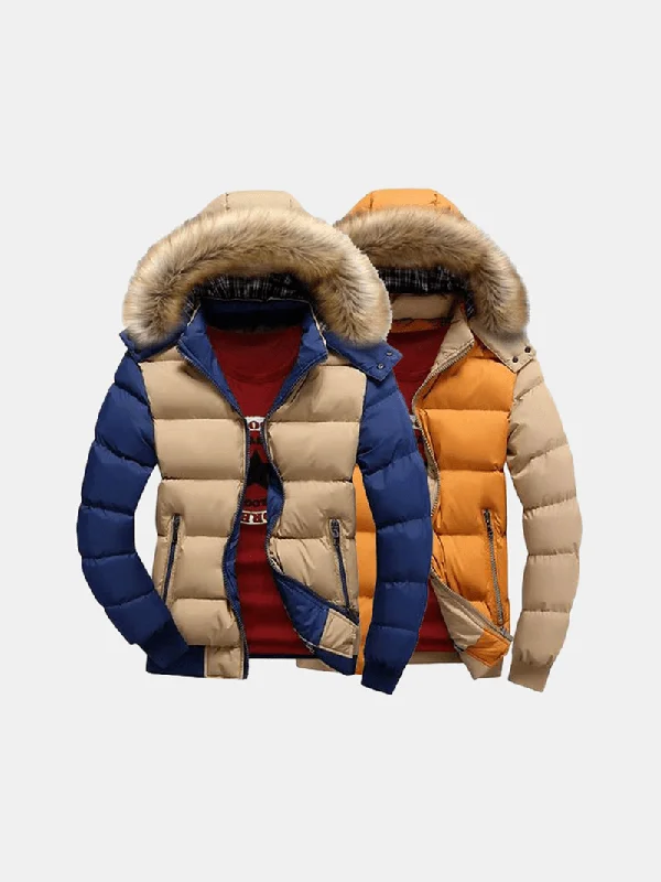 Mens Thick Warm Coat Color Splicing Detachable Hooded Puffer Jacket