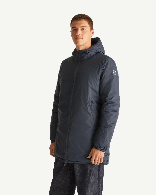 Navy Amsterdam long reversible hooded puffer jacket reversible hooded