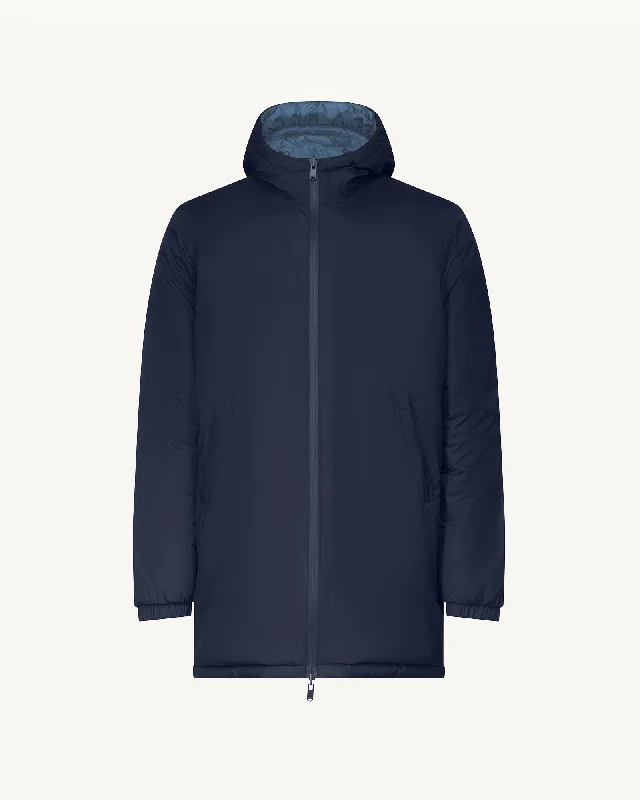 Navy/Washed blue Amsterdam long reversible hooded puffer jacket reversible hooded