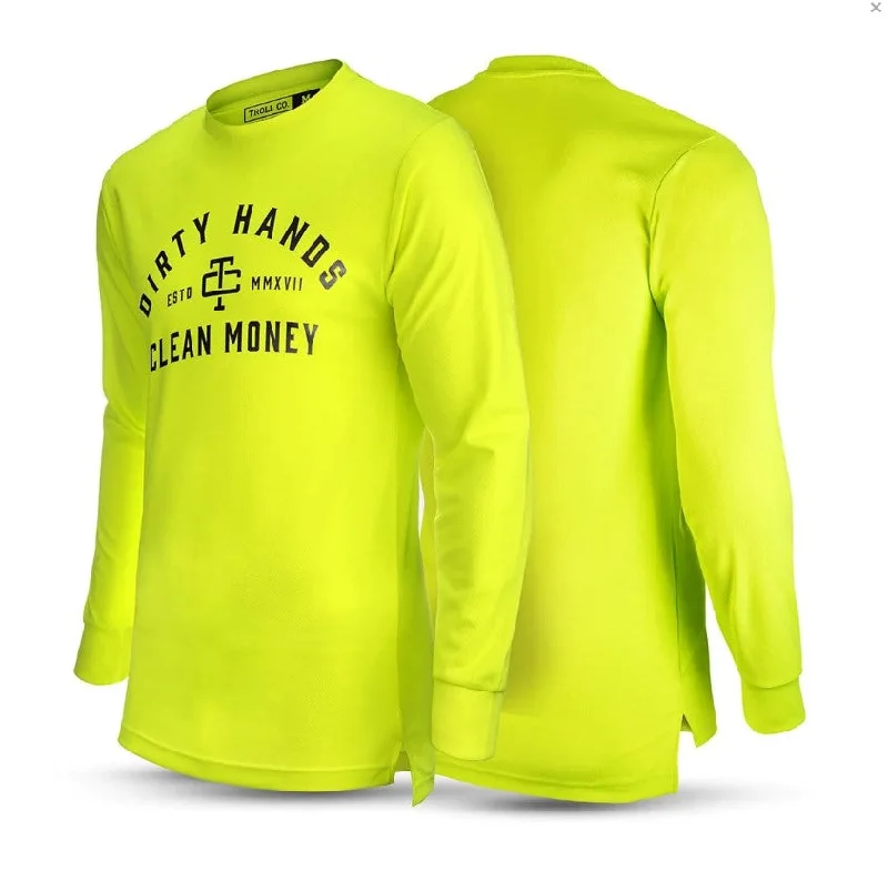 Troll Co. Men's "Dirty Hands Clean Money" O.G. Long Sleeve Wicking T-Shirt_Bright Lime